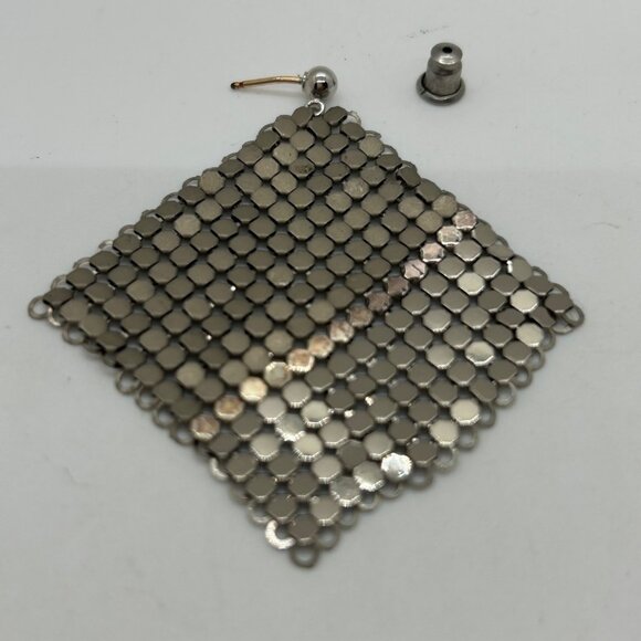 Vintage Silver-Tone Mesh Dangle Earrings Two-Tone Geometric Chic Chainmail - Picture 9 of 13